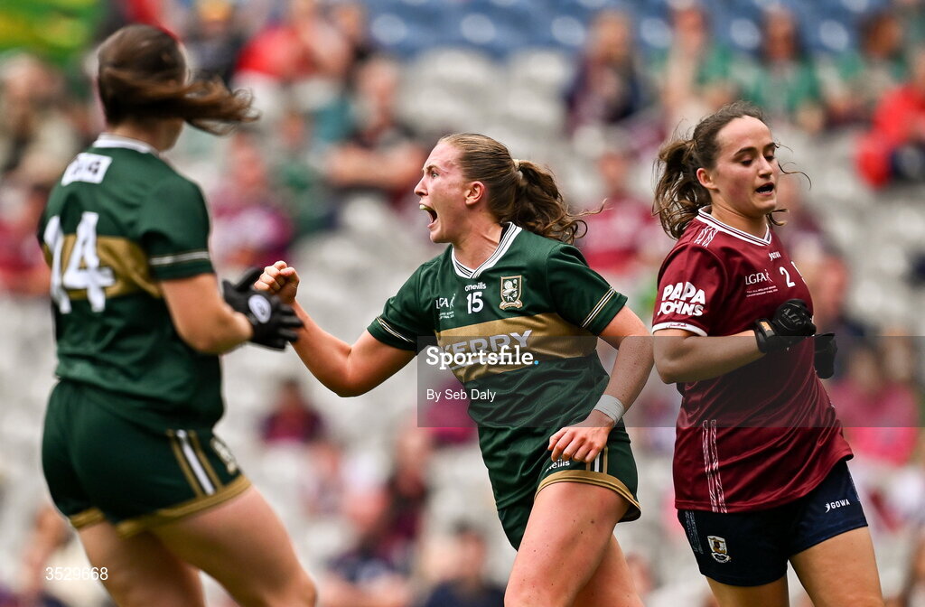 2 August 2026; Síofra O’Shea of Kerry celebrates scoring a point during the LGFA TG4 All-Ireland Senior Championship final match between Galway and Kerry at Croke Park in Dublin. Photo by Seb Daly/Sportsfile