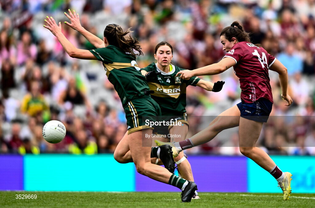 2 August 2026; Leanne Coen of Galway shoots to score her side's second goal during the LGFA TG4 All-Ireland Senior Championship final match between Galway and Kerry at Croke Park in Dublin. Photo by Shauna Clinton/Sportsfile