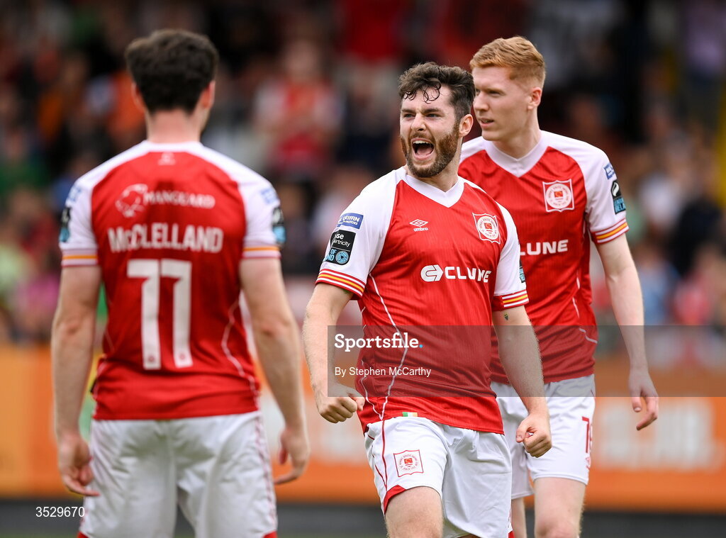 2 August 2026; Aidan Keena of St Patrick's Athletic celebrates after scoring his side's first goal during the SSE Airtricity Men's Premier Division match between St Patrick's Athletic and Derry City at Richmond Park in Dublin. Photo by Stephen McCarthy/Sportsfile