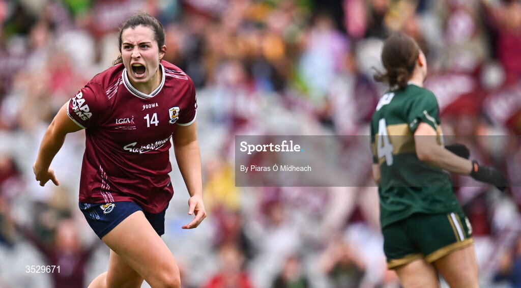 2 August 2026; Leanne Coen of Galway celebrates after scoring her side's second goal during the LGFA TG4 All-Ireland Senior Championship final match between Galway and Kerry at Croke Park in Dublin. Photo by Piaras Ó Mídheach/Sportsfile