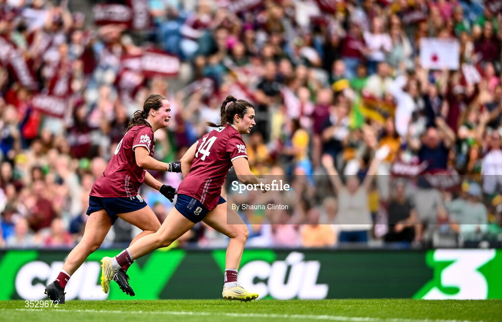 2 August 2026; Leanne Coen of Galway celebrates after scoring her side's second goal during the LGFA TG4 All-Ireland Senior Championship final match between Galway and Kerry at Croke Park in Dublin. Photo by Shauna Clinton/Sportsfile