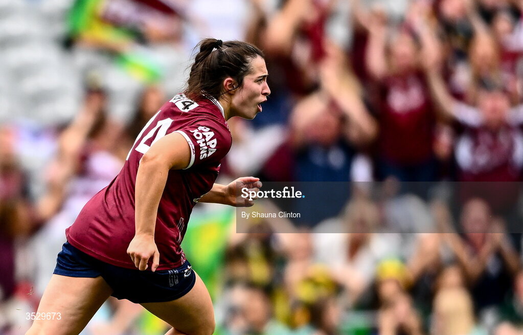 2 August 2026; Leanne Coen of Galway celebrates after scoring her side's second goal during the LGFA TG4 All-Ireland Senior Championship final match between Galway and Kerry at Croke Park in Dublin. Photo by Shauna Clinton/Sportsfile