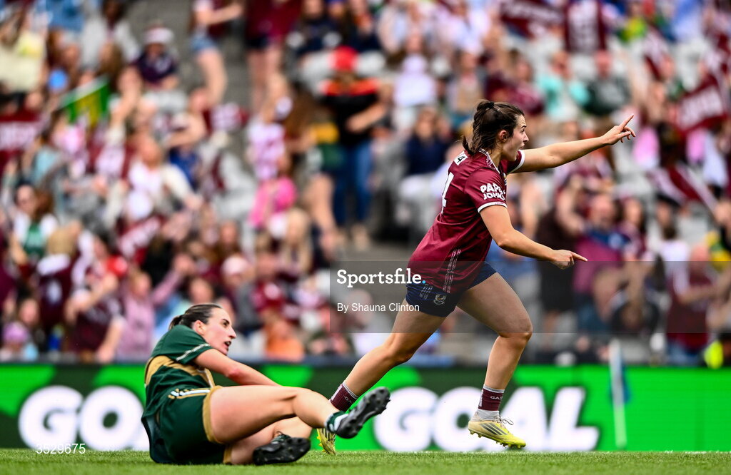 2 August 2026; Leanne Coen of Galway celebrates after scoring her side's second goal during the LGFA TG4 All-Ireland Senior Championship final match between Galway and Kerry at Croke Park in Dublin. Photo by Shauna Clinton/Sportsfile