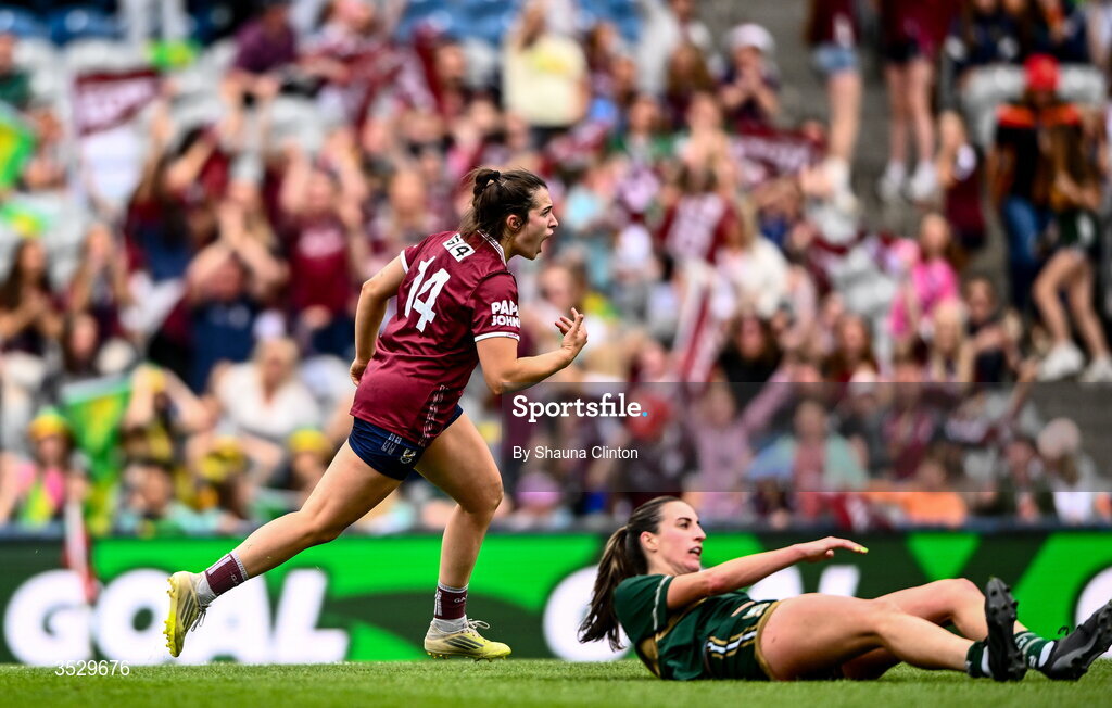 2 August 2026; Leanne Coen of Galway celebrates after scoring her side's second goal during the LGFA TG4 All-Ireland Senior Championship final match between Galway and Kerry at Croke Park in Dublin. Photo by Shauna Clinton/Sportsfile