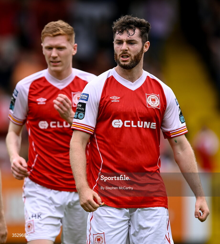 2 August 2026; Aidan Keena of St Patrick's Athletic celebrates after scoring his side's first goal during the SSE Airtricity Men's Premier Division match between St Patrick's Athletic and Derry City at Richmond Park in Dublin. Photo by Stephen McCarthy/Sportsfile