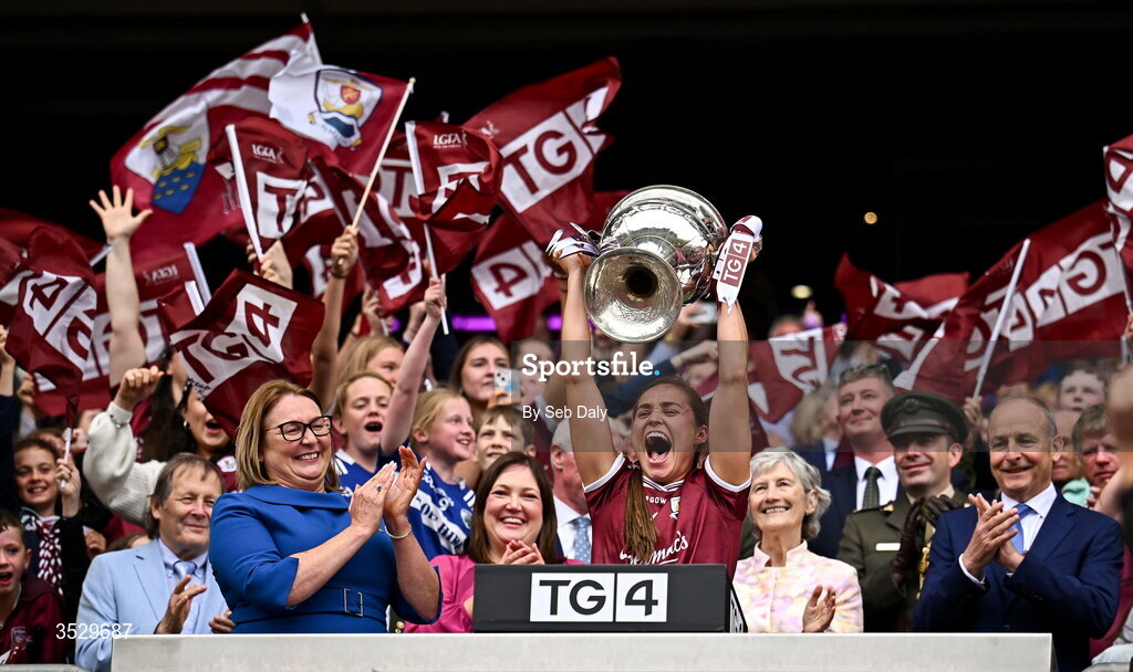2 August 2026; Galway Captain Kate Geraghty lifts the Brendan Martin Cup along with her teammates following their win in the LGFA TG4 All-Ireland Senior Championship final match between Galway and Kerry at Croke Park in Dublin. Photo by Seb Daly/Sportsfile
