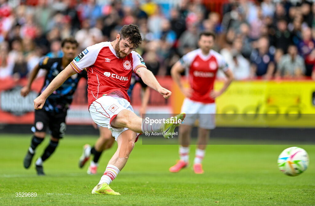 2 August 2026; Aidan Keena of St Patrick's Athletic scores his side's first goal, a penalty, during the SSE Airtricity Men's Premier Division match between St Patrick's Athletic and Derry City at Richmond Park in Dublin. Photo by Adam Russell/Sportsfile