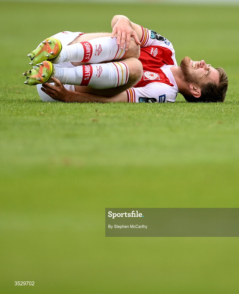 2 August 2026; Barry Baggley of St Patrick's Athletic reacts to a tackle during the SSE Airtricity Men's Premier Division match between St Patrick's Athletic and Derry City at Richmond Park in Dublin. Photo by Stephen McCarthy/Sportsfile