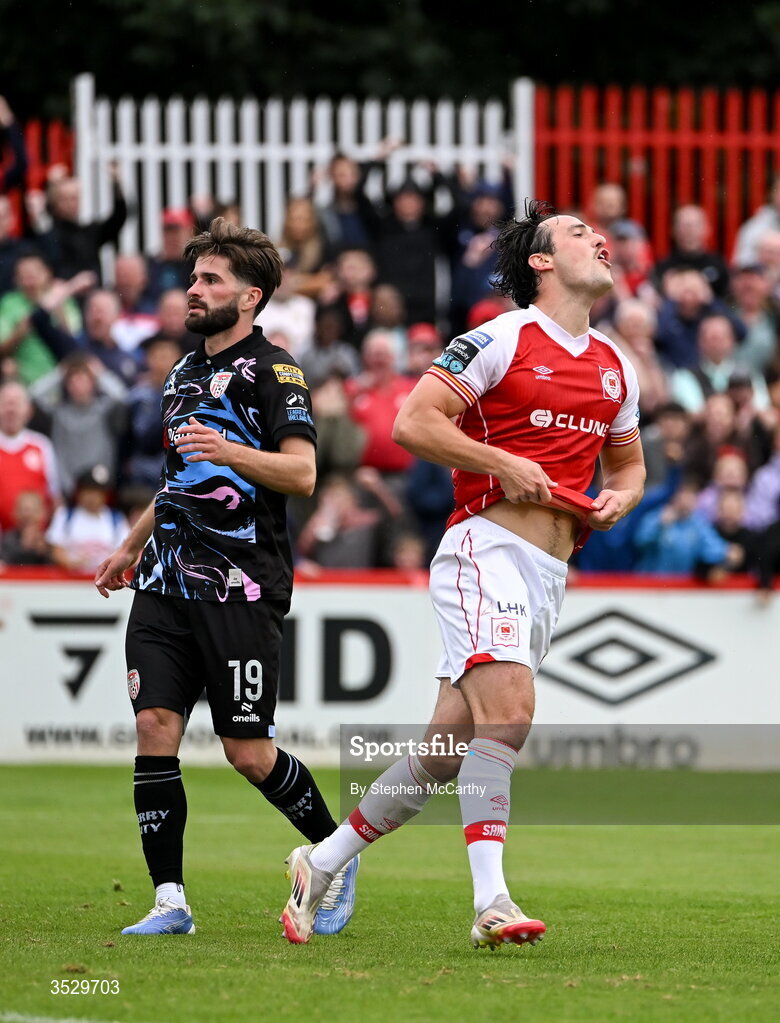 2 August 2026; James Brown of St Patrick's Athletic reacts to a missed opportunity on goal during the SSE Airtricity Men's Premier Division match between St Patrick's Athletic and Derry City at Richmond Park in Dublin. Photo by Stephen McCarthy/Sportsfile