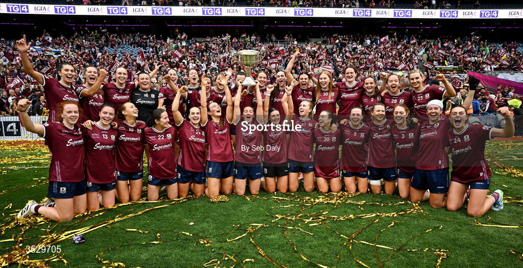 2 August 2026; Galway players celebrate with the the Brendan Martin Cup after their side's victory in the LGFA TG4 All-Ireland Senior Championship final match between Galway and Kerry at Croke Park in Dublin. Photo by Seb Daly/Sportsfile