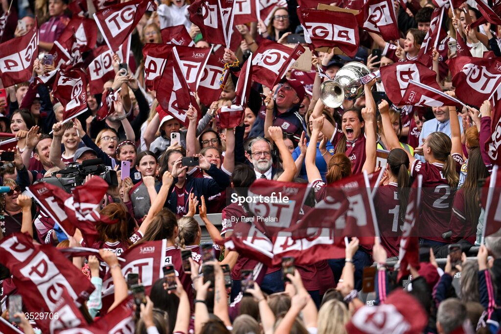 2 August 2026; Galway captain Kate Geraghty lifts the Brendan Martin Cup following the LGFA TG4 All-Ireland Senior Championship final match between Galway and Kerry at Croke Park in Dublin. Photo by Paul Phelan/Sportsfile