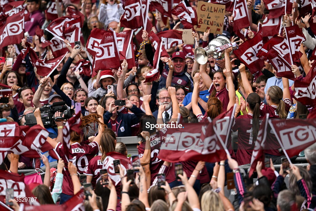 2 August 2026; Galway captain Kate Geraghty lifts the Brendan Martin Cup following the LGFA TG4 All-Ireland Senior Championship final match between Galway and Kerry at Croke Park in Dublin. Photo by Paul Phelan/Sportsfile