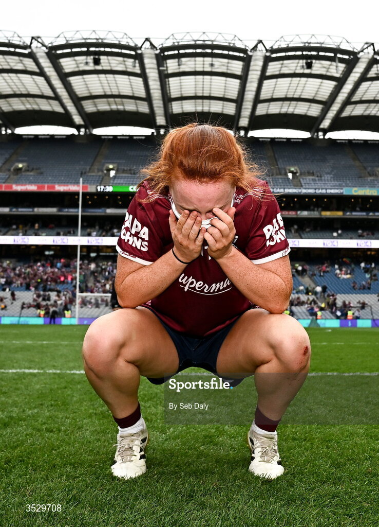 2 August 2026; Kate Slevin of Galway reacts after her side's victory in the LGFA TG4 All-Ireland Senior Championship final match between Galway and Kerry at Croke Park in Dublin. Photo by Seb Daly/Sportsfile