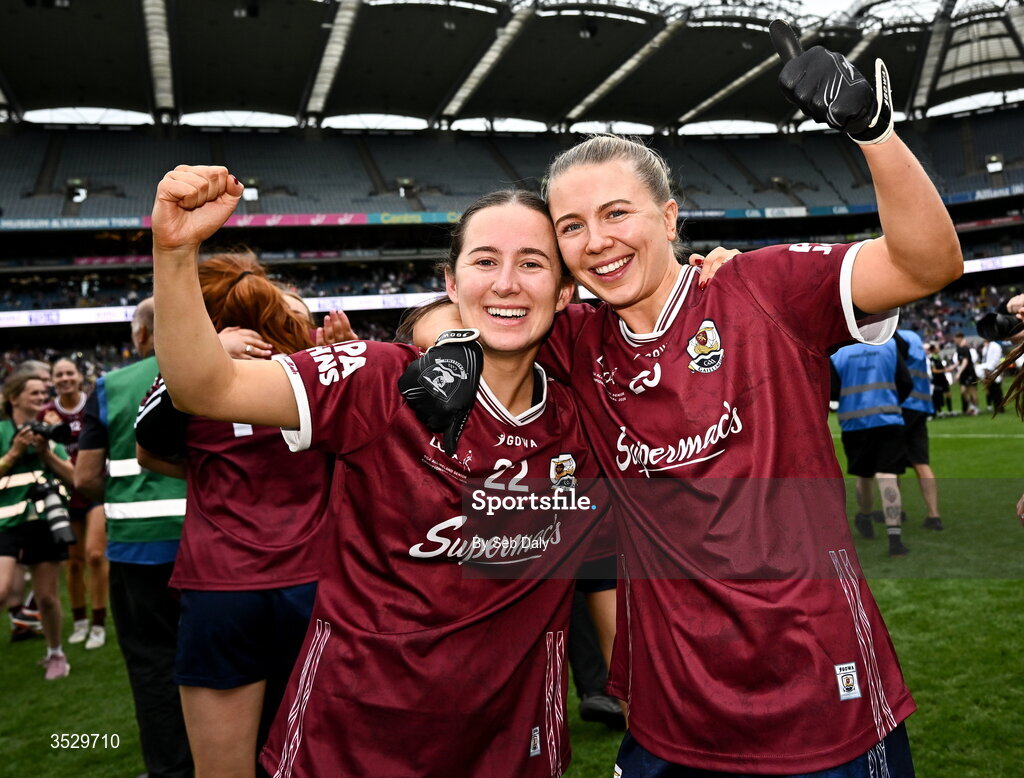 2 August 2026; Galway players Aoife Molloy, left, and Lynsey Noone celebrate after their side's victory in the LGFA TG4 All-Ireland Senior Championship final match between Galway and Kerry at Croke Park in Dublin. Photo by Seb Daly/Sportsfile
