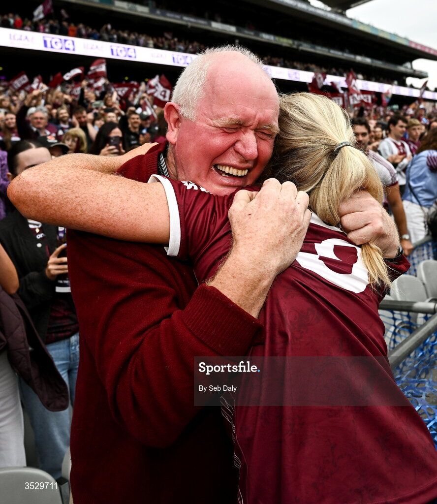 2 August 2026; Louise Ward of Galway celebrates with her father Willie after her side's victory in the LGFA TG4 All-Ireland Senior Championship final match between Galway and Kerry at Croke Park in Dublin. Photo by Seb Daly/Sportsfile