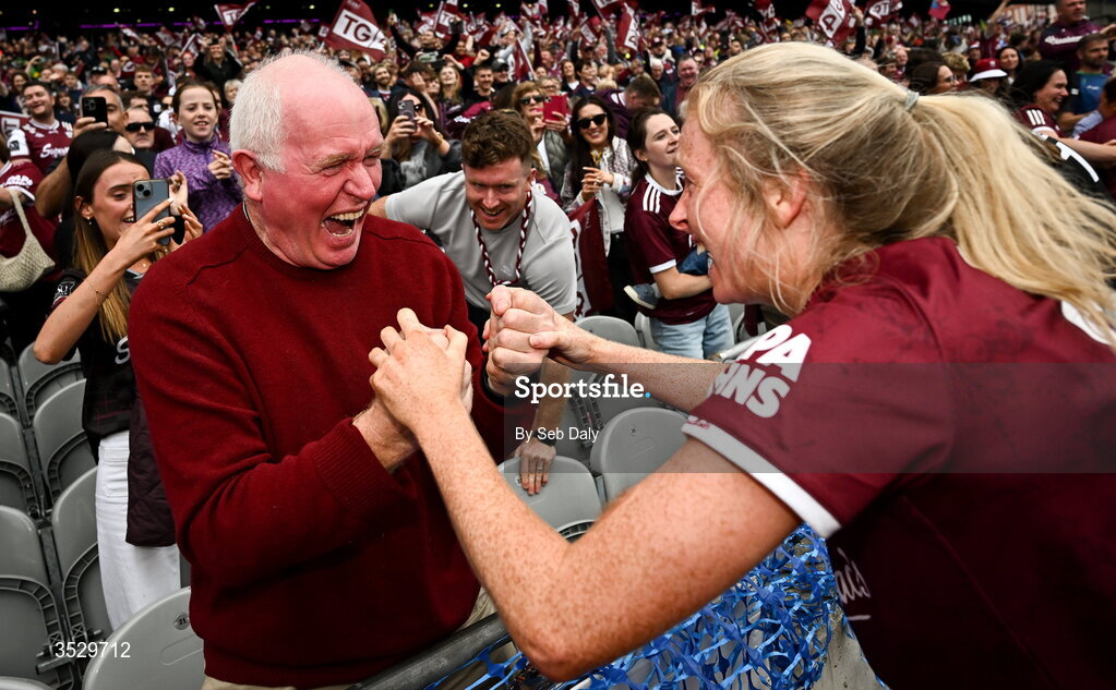 2 August 2026; Louise Ward of Galway celebrates with her father Willie after her side's victory in the LGFA TG4 All-Ireland Senior Championship final match between Galway and Kerry at Croke Park in Dublin. Photo by Seb Daly/Sportsfile