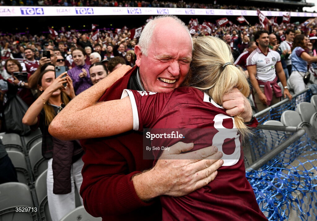 2 August 2026; Louise Ward of Galway celebrates with her father Willie after her side's victory in the LGFA TG4 All-Ireland Senior Championship final match between Galway and Kerry at Croke Park in Dublin. Photo by Seb Daly/Sportsfile