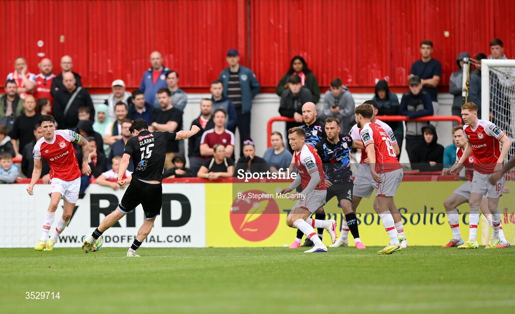 2 August 2026; James Clarke of Derry City scores his side's first goal during the SSE Airtricity Men's Premier Division match between St Patrick's Athletic and Derry City at Richmond Park in Dublin. Photo by Stephen McCarthy/Sportsfile