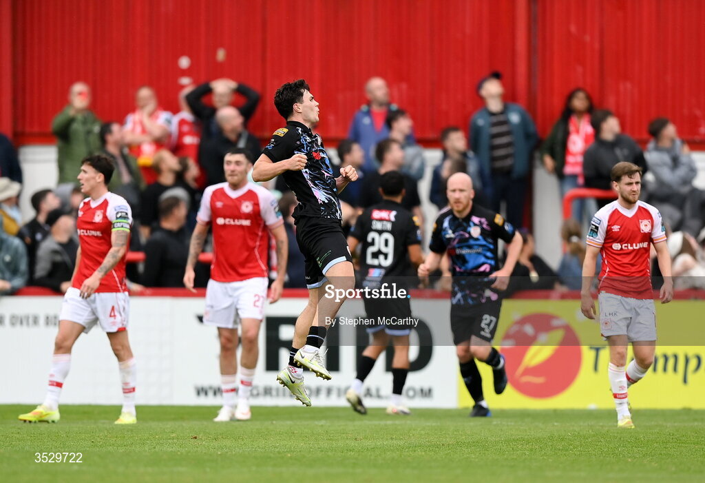 2 August 2026; James Clarke of Derry City celebrates after scoring his side's first goal during the SSE Airtricity Men's Premier Division match between St Patrick's Athletic and Derry City at Richmond Park in Dublin. Photo by Stephen McCarthy/Sportsfile