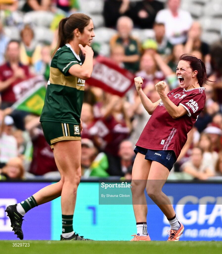 2 August 2026; Eva Noone of Galway celebrates kicking the game winning score during the LGFA TG4 All-Ireland Senior Championship final match between Galway and Kerry at Croke Park in Dublin. Photo by Shauna Clinton/Sportsfile