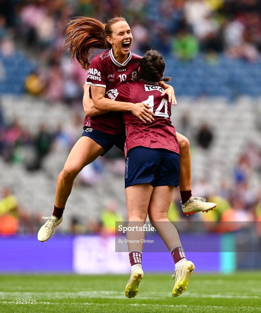 2 August 2026; Galway players Olivia Divilly, left, and Leanne Coen celebrate at the final whistle of the LGFA TG4 All-Ireland Senior Championship final match between Galway and Kerry at Croke Park in Dublin. Photo by Shauna Clinton/Sportsfile