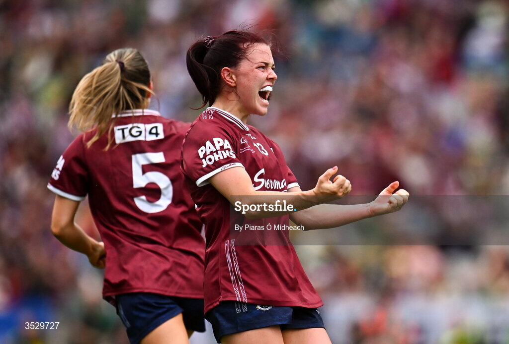 2 August 2026; Eva Noone of Galway celebrates after scoring what proved to be the winning point during the LGFA TG4 All-Ireland Senior Championship final match between Galway and Kerry at Croke Park in Dublin. Photo by Piaras Ó Mídheach/Sportsfile
