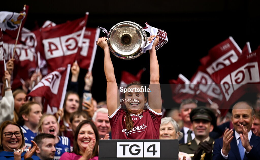 2 August 2026; Galway captain Kate Geraghty lifts The Brendan Martin Cup after her side's victory in the LGFA TG4 All-Ireland Senior Championship final match between Galway and Kerry at Croke Park in Dublin. Photo by Seb Daly/Sportsfile