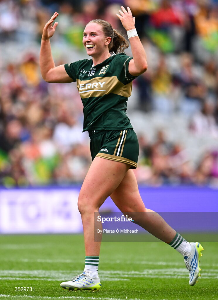 2 August 2026; Síofra O’Shea of Kerry celebrates after she thought she scored the winning goal in the last seconds of the match, only for the goal to be ruled out by referee Maggie Farrelly for a square ball, during the LGFA TG4 All-Ireland Senior Championship final match between Galway and Kerry at Croke Park in Dublin. Photo by Piaras Ó Mídheach/Sportsfile
