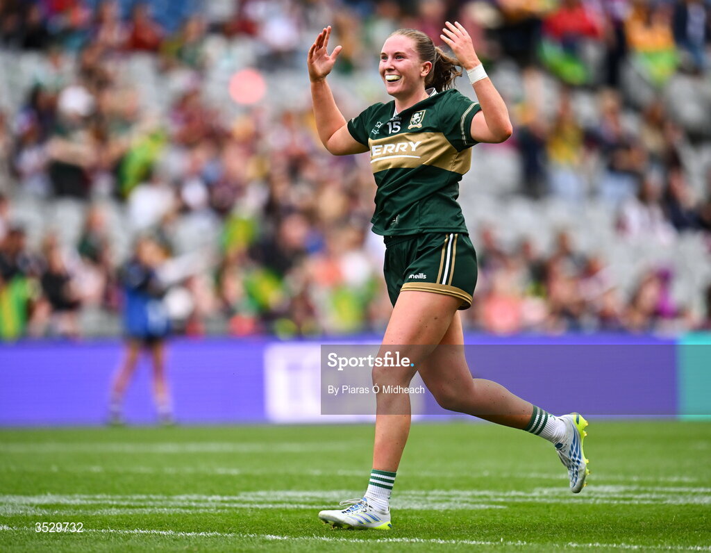 2 August 2026; Síofra O’Shea of Kerry celebrates after she thought she scored the winning goal in the last seconds of the match, only for the goal to be ruled out by referee Maggie Farrelly for a square ball, during the LGFA TG4 All-Ireland Senior Championship final match between Galway and Kerry at Croke Park in Dublin. Photo by Piaras Ó Mídheach/Sportsfile