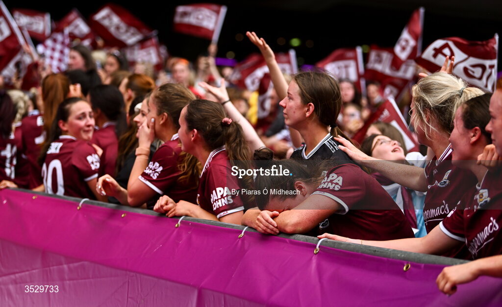 2 August 2026; Róisín Leonard of Galway takes a moment before the cup was presented with Galway captain Kate Geraghty after the LGFA TG4 All-Ireland Senior Championship final match between Galway and Kerry at Croke Park in Dublin. Photo by Piaras Ó Mídheach/Sportsfile