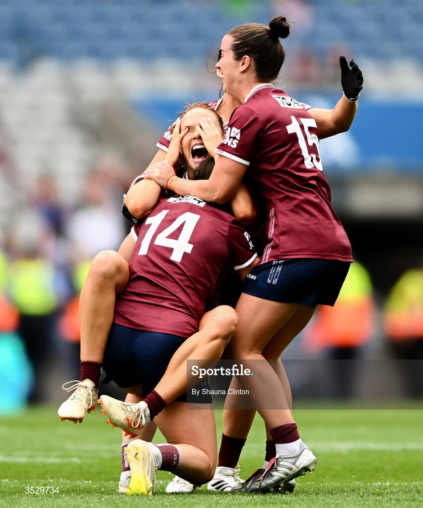 2 August 2026; Galway players, from left, Leanne Coen, Olivia Divilly, Andrea Trill and Róisín Leonard celebrate at the final whistle of the LGFA TG4 All-Ireland Senior Championship final match between Galway and Kerry at Croke Park in Dublin. Photo by Shauna Clinton/Sportsfile