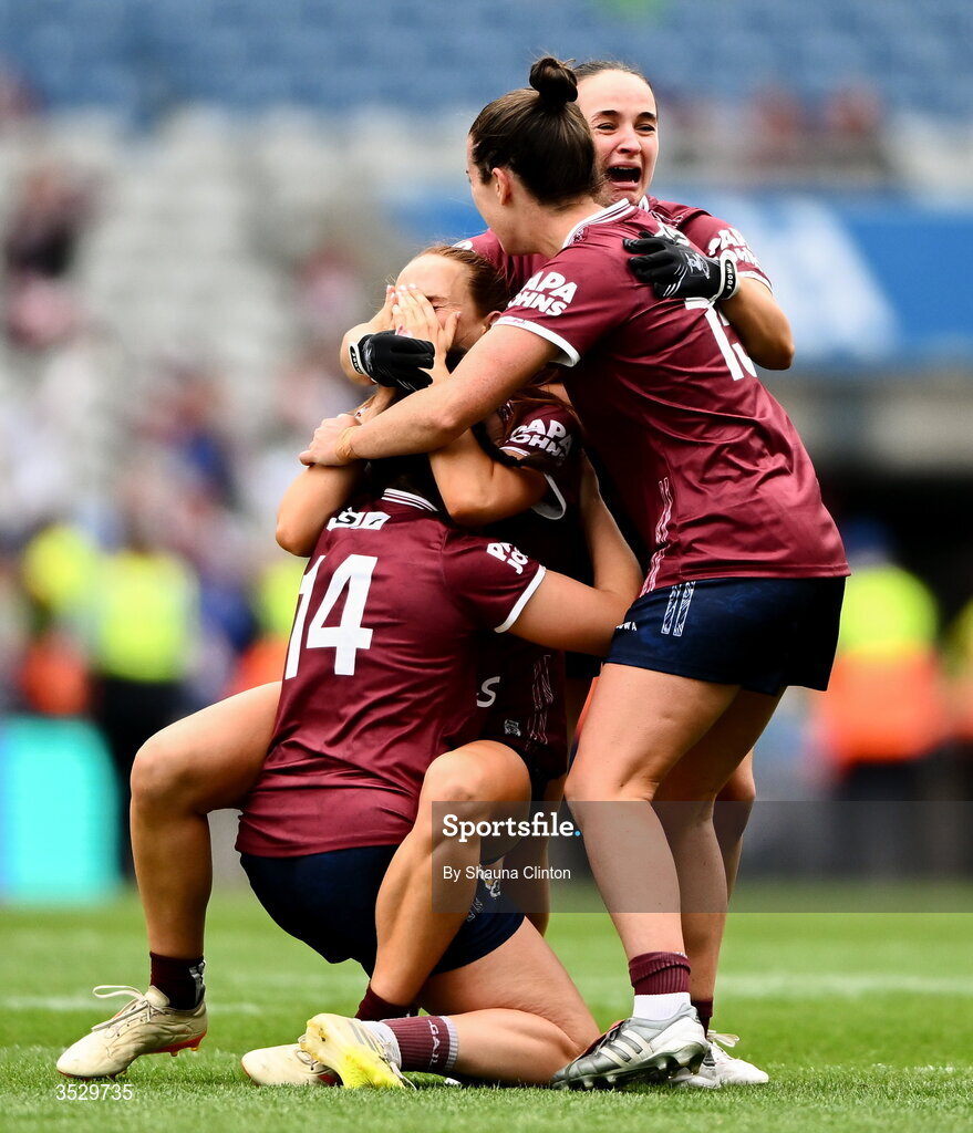 2 August 2026; Galway players, from left, Leanne Coen, Olivia Divilly, Andrea Trill and Róisín Leonard celebrate at the final whistle of the LGFA TG4 All-Ireland Senior Championship final match between Galway and Kerry at Croke Park in Dublin. Photo by Shauna Clinton/Sportsfile