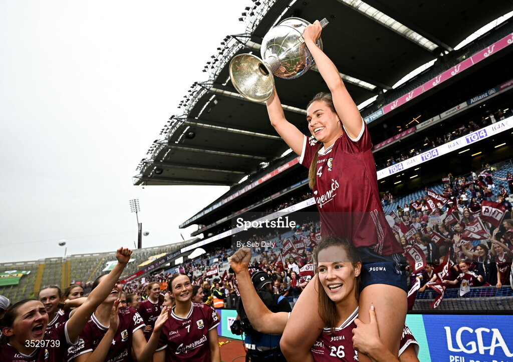 2 August 2026; Galway captain Kate Geraghty celebrates with the the Brendan Martin Cup after her side's victory in the LGFA TG4 All-Ireland Senior Championship final match between Galway and Kerry at Croke Park in Dublin. Photo by Seb Daly/Sportsfile