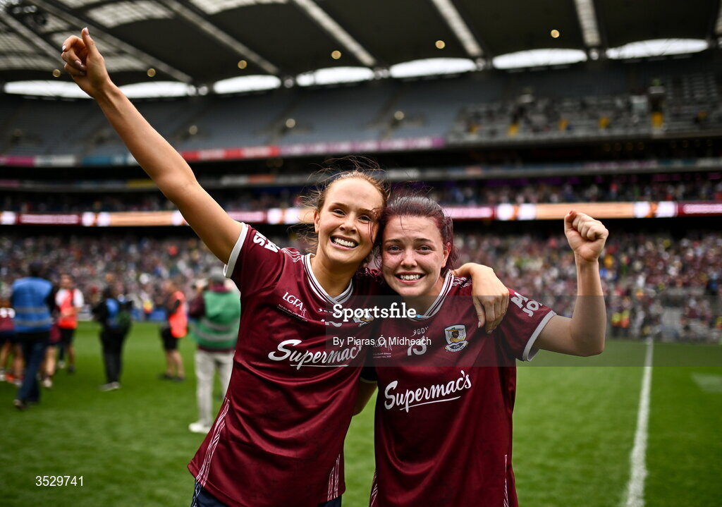 2 August 2026; Olivia Divilly and Eva Noone of Galway celebrate their win in the LGFA TG4 All-Ireland Senior Championship final match between Galway and Kerry at Croke Park in Dublin. Photo by Piaras Ó Mídheach/Sportsfile