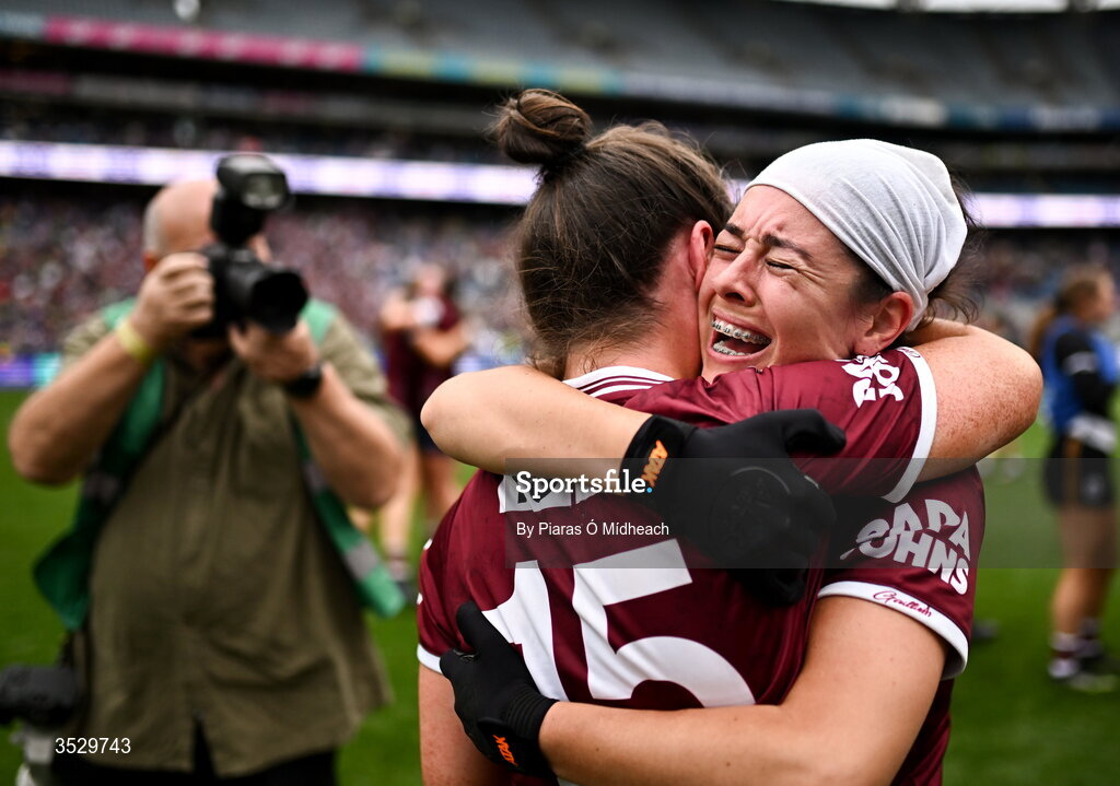 2 August 2026; Shauna Hynes, right, and Roisin Leonard of Galway embrace as they celebrate their win in the LGFA TG4 All-Ireland Senior Championship final match between Galway and Kerry at Croke Park in Dublin. Photo by Piaras Ó Mídheach/Sportsfile