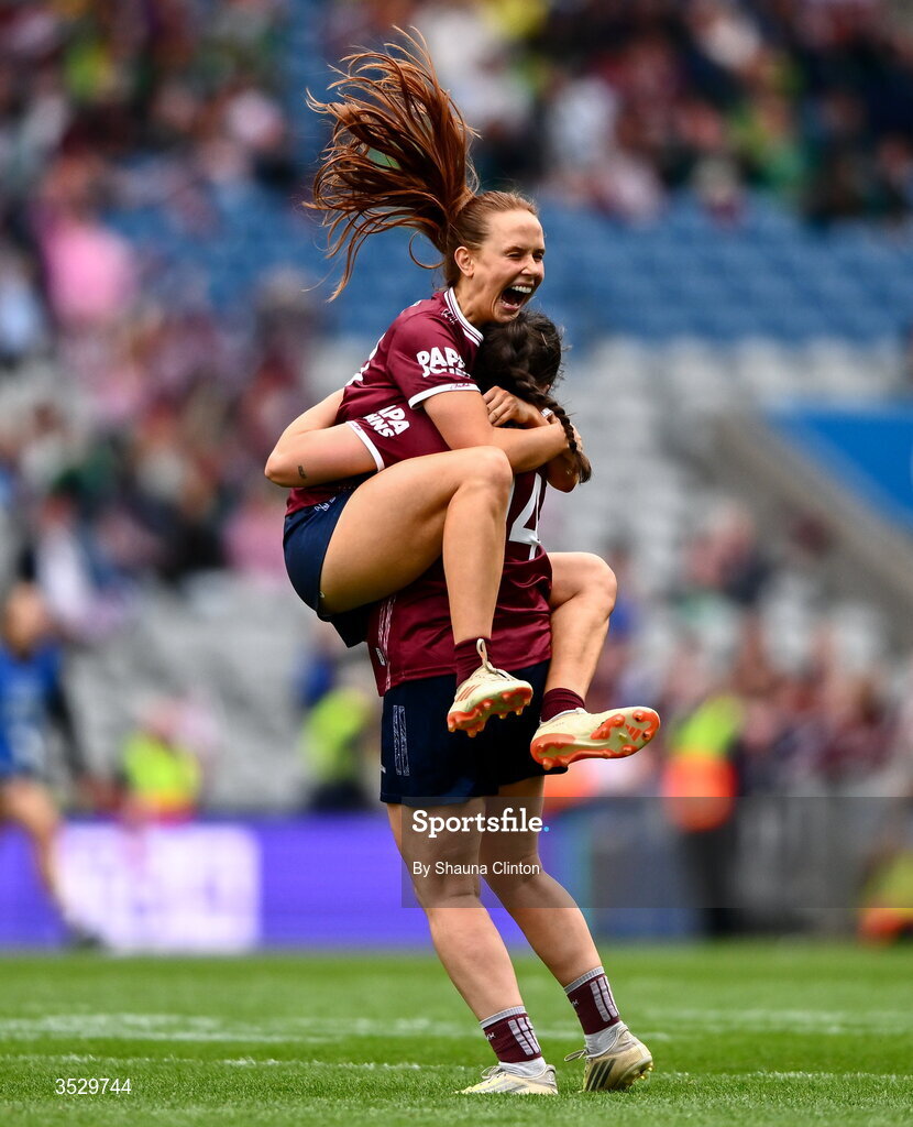 2 August 2026; Galway players Olivia Divilly, left, and Leanne Coen celebrate at the final whistle of the LGFA TG4 All-Ireland Senior Championship final match between Galway and Kerry at Croke Park in Dublin. Photo by Shauna Clinton/Sportsfile