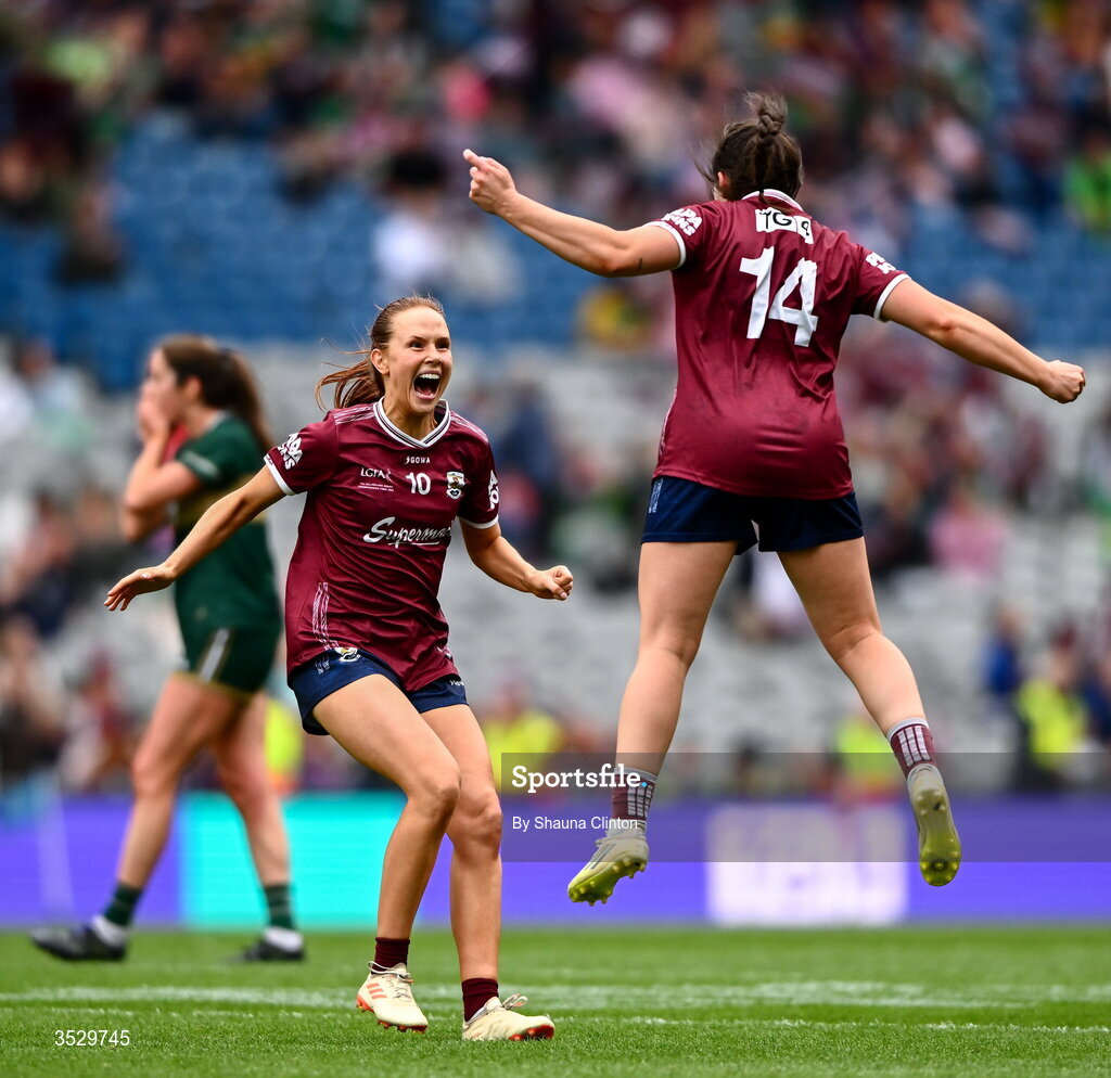 2 August 2026; Galway players Olivia Divilly, left, and Leanne Coen celebrate at the final whistle of the LGFA TG4 All-Ireland Senior Championship final match between Galway and Kerry at Croke Park in Dublin. Photo by Shauna Clinton/Sportsfile