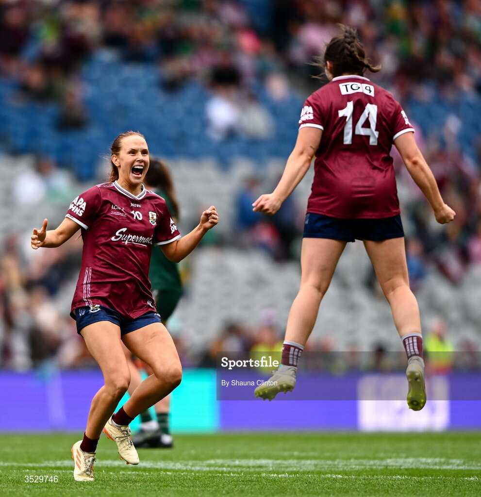 2 August 2026; Galway players Olivia Divilly, left, and Leanne Coen celebrate at the final whistle of the LGFA TG4 All-Ireland Senior Championship final match between Galway and Kerry at Croke Park in Dublin. Photo by Shauna Clinton/Sportsfile