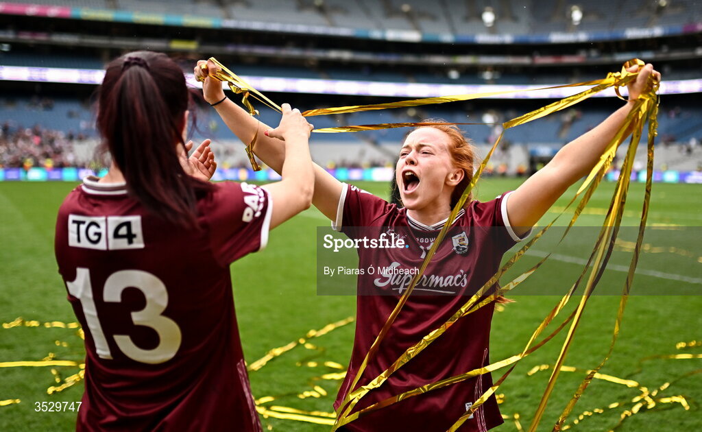2 August 2026; Galway players Kate Slevin, right, and Eva Noone celebrate their win in the LGFA TG4 All-Ireland Senior Championship final match between Galway and Kerry at Croke Park in Dublin. Photo by Piaras Ó Mídheach/Sportsfile