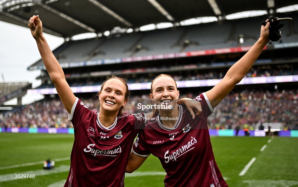 2 August 2026; Sisters Olivia Divilly, left, and Siobhán Divilly celebrate after victory in the LGFA TG4 All-Ireland Senior Championship final match between Galway and Kerry at Croke Park in Dublin. Photo by Piaras Ó Mídheach/Sportsfile