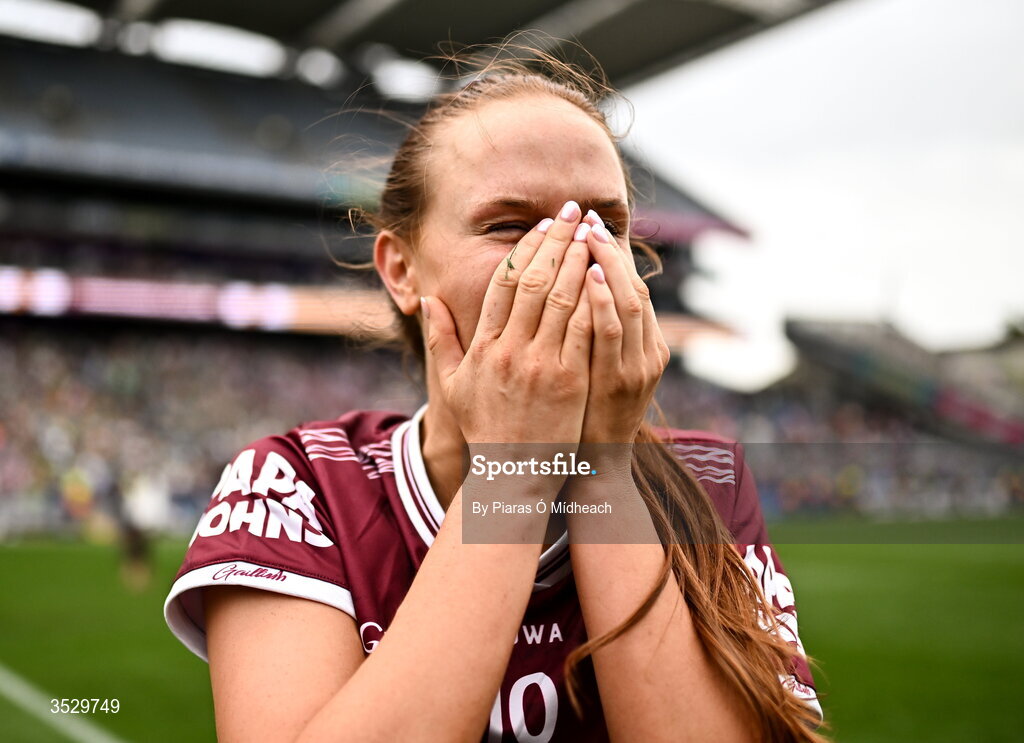 2 August 2026; Olivia Divilly of Galway celebrates after victory in the LGFA TG4 All-Ireland Senior Championship final match between Galway and Kerry at Croke Park in Dublin. Photo by Piaras Ó Mídheach/Sportsfile
