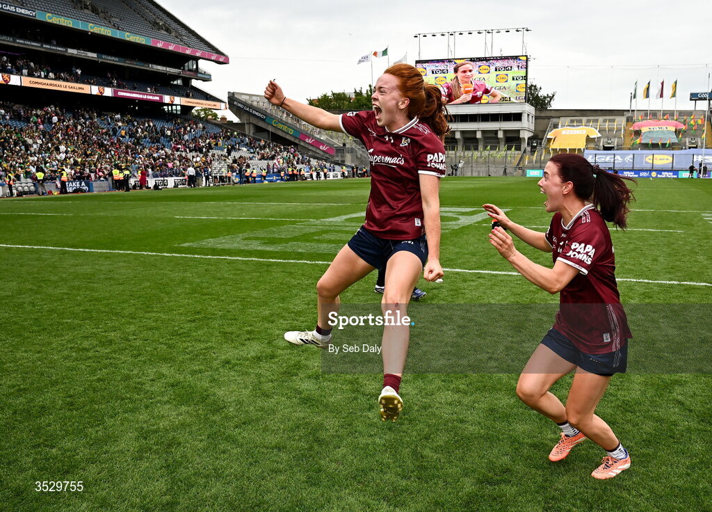 2 August 2026; Galway players Kate Slevin, left, and Eva Noone celebrate after their side's victory in the LGFA TG4 All-Ireland Senior Championship final match between Galway and Kerry at Croke Park in Dublin. Photo by Seb Daly/Sportsfile
