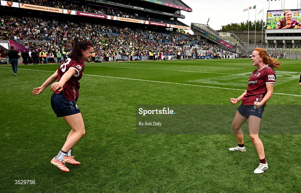 2 August 2026; Galway players Eva Noone, left, and Kate Slevin celebrate after their side's victory in the LGFA TG4 All-Ireland Senior Championship final match between Galway and Kerry at Croke Park in Dublin. Photo by Seb Daly/Sportsfile