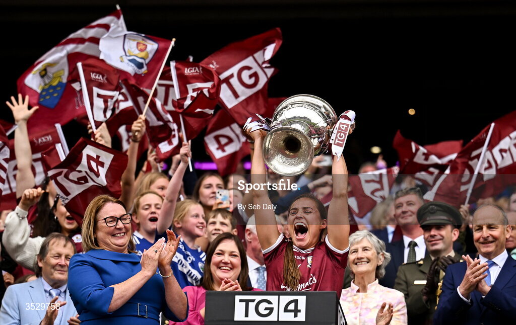 2 August 2026; Galway captain Kate Geraghty lifts the Brendan Martin Cup after her side's victory in the LGFA TG4 All-Ireland Senior Championship final match between Galway and Kerry at Croke Park in Dublin. Photo by Seb Daly/Sportsfile