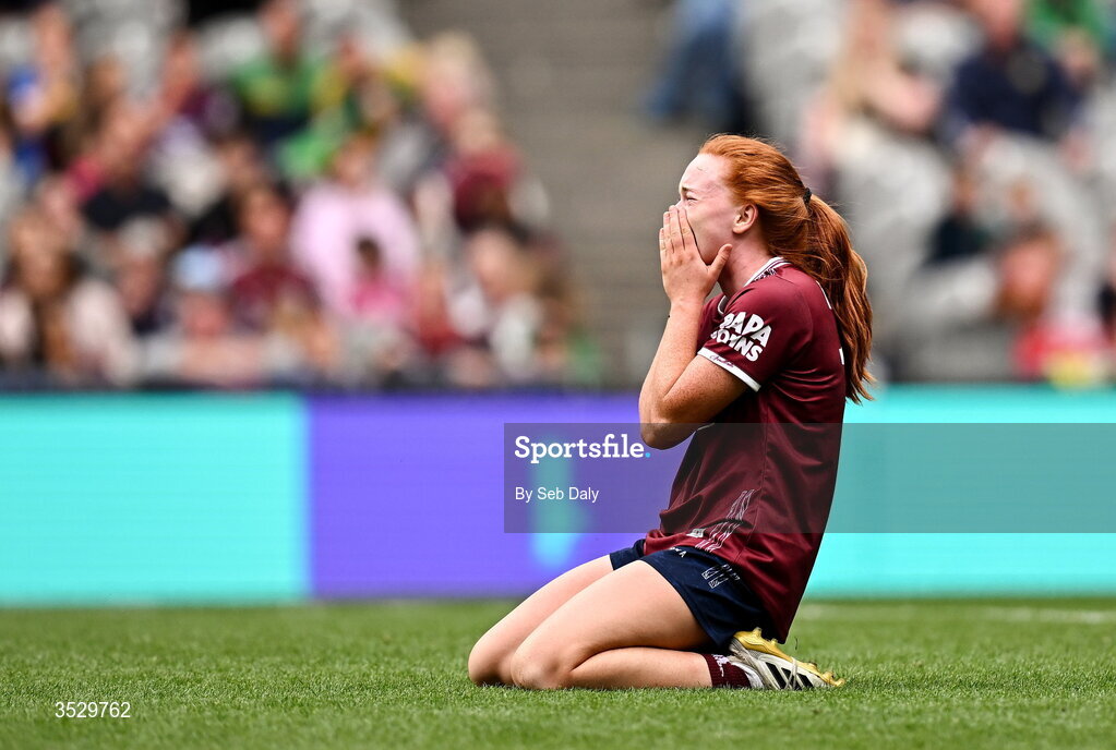 2 August 2026; Kate Slevin of Galway reacts at the final whistle after her side's victory in the LGFA TG4 All-Ireland Senior Championship final match between Galway and Kerry at Croke Park in Dublin. Photo by Seb Daly/Sportsfile
