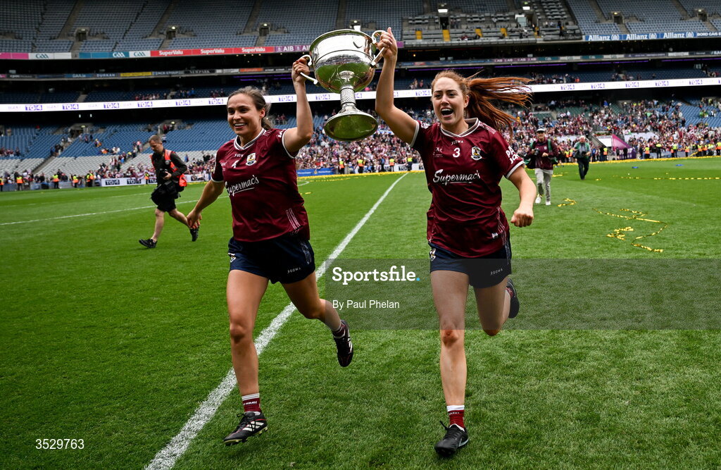 2 August 2026; Galway captain Kate Geraghty and Sarah Ní Loingsigh celebrate with the Brendan Martin cup after winning the LGFA TG4 All-Ireland Senior Championship final match between Galway and Kerry at Croke Park in Dublin. Photo by Paul Phelan/Sportsfile