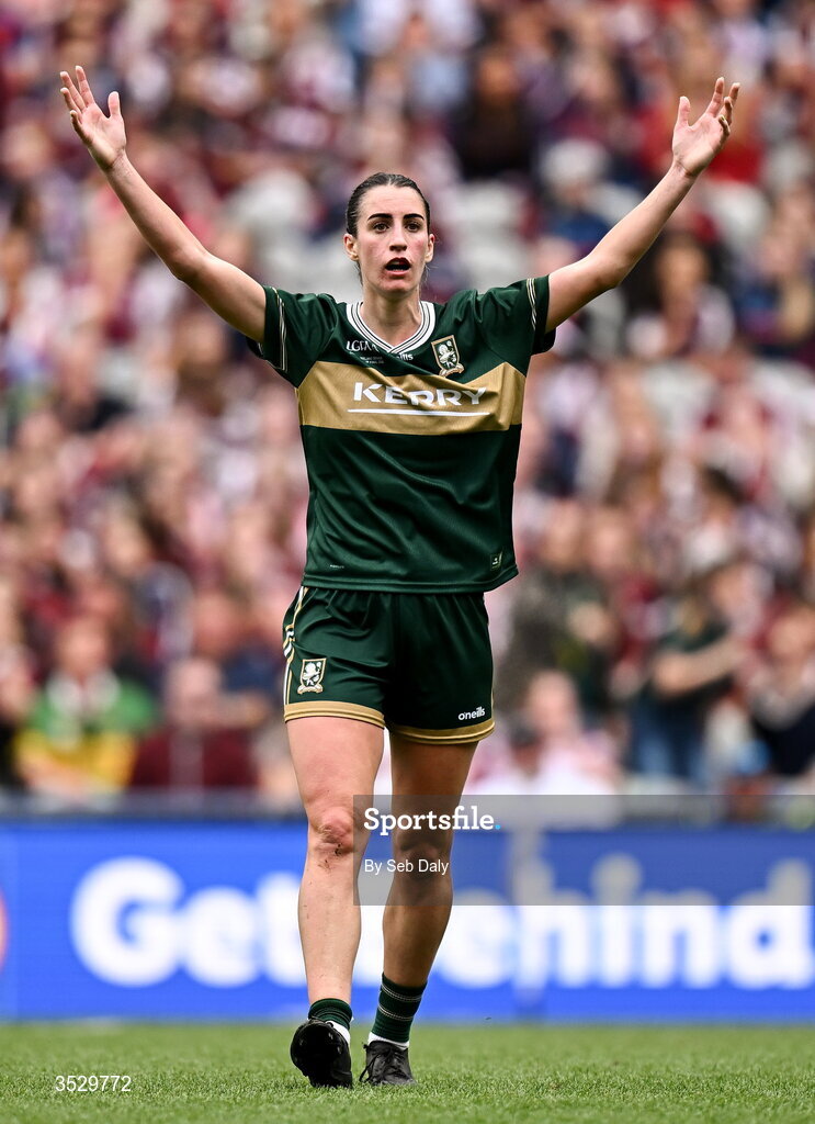 2 August 2026; Emma Costello of Kerry reacts during the LGFA TG4 All-Ireland Senior Championship final match between Galway and Kerry at Croke Park in Dublin. Photo by Seb Daly/Sportsfile