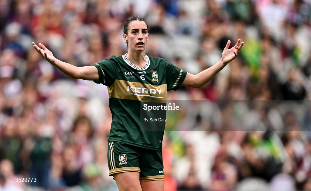 2 August 2026; Emma Costello of Kerry reacts during the LGFA TG4 All-Ireland Senior Championship final match between Galway and Kerry at Croke Park in Dublin. Photo by Seb Daly/Sportsfile