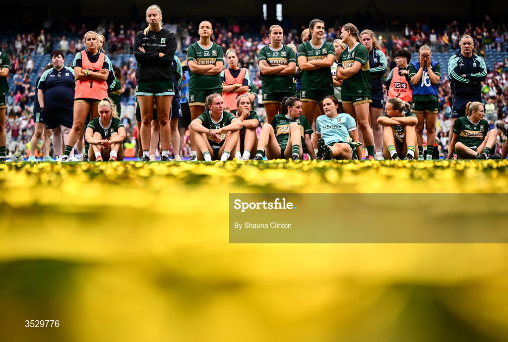 2 August 2026; Kerry players dejected after the LGFA TG4 All-Ireland Senior Championship final match between Galway and Kerry at Croke Park in Dublin. Photo by Shauna Clinton/Sportsfile