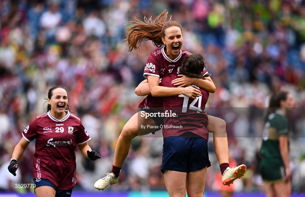 2 August 2026; Galway players Olivia Divilly and Leanne Coen, 14, celebrate after victory in the LGFA TG4 All-Ireland Senior Championship final match between Galway and Kerry at Croke Park in Dublin. Photo by Piaras Ó Mídheach/Sportsfile